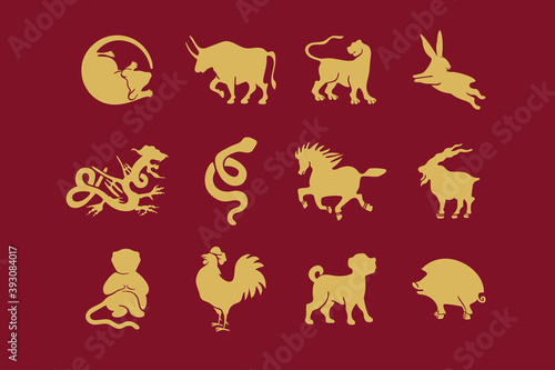 The set of symbols of the Chinese horoscope. Twelve zodiac animals. Eastern horoscope.