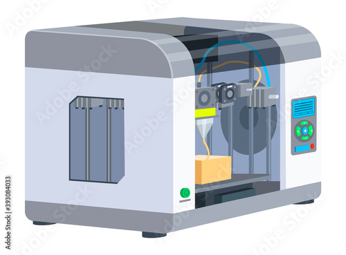 Industrial 3D printer prints a box concept. Print house equipment, digital model of a volumetric product. Modern print technologies, empty operator workplace with printing machine isolated on white