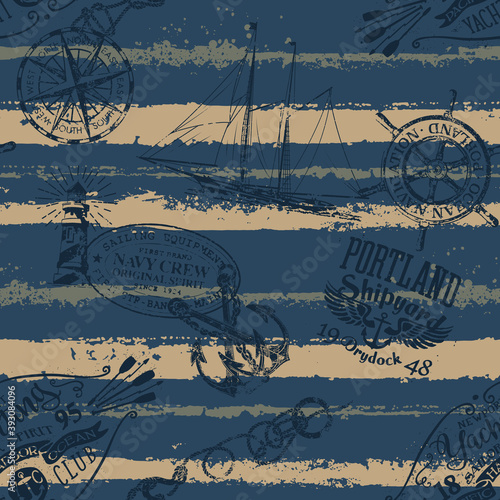 Grunge nautical badges and elements with striped background vintage marine vector seamless pattern