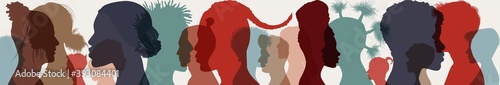 Diversity multiethnic people. Group side silhouette men and women of different culture and different countries. Coexistence harmony and multicultural community integration. Racial equality