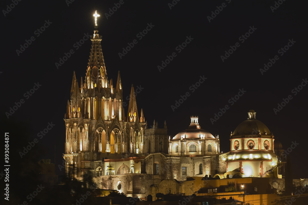 Historic town of San Miguel de Allende, La Concepcion church (Las Monjas) at night, Province of Guanajuato, Mexico