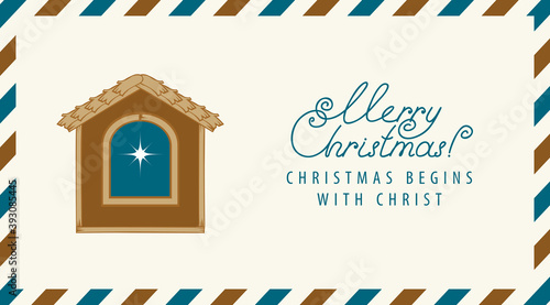 Postal envelope on the theme of merry Christmas in cartoon style. Vector greeting envelope decorated with Christmas star and inscription Christmas begins with Christ