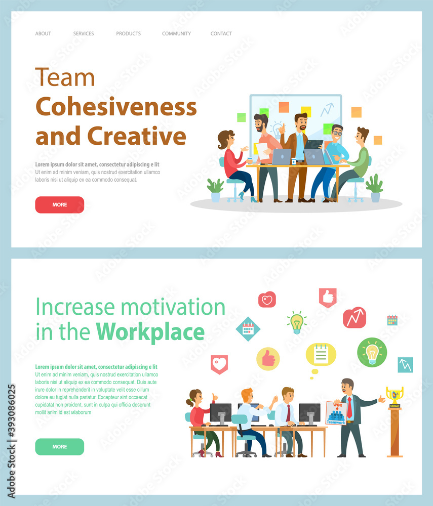 Team cohesiveness and creative website vector. Increase motivation in the workplace landing page template. Office workers sitting at a table with laptops and communicating, creative innovation Team cohesiveness and creative website vector. Increase motivation in the workplace landing page template. Office workers sitting at a table with laptops and communicating, creative innovation