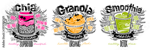 vector set of chia pudding, granola, smoothie in doodle style with lettering on white background. breakfast options. healthy food concept lifestyle.