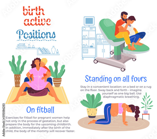 Position of pregnant woman, reproduction set. Females with belly giving birth on all floors, fitball. Husband helps childbirth. Birth labor positions and postures. Get ready for upcoming childbirth