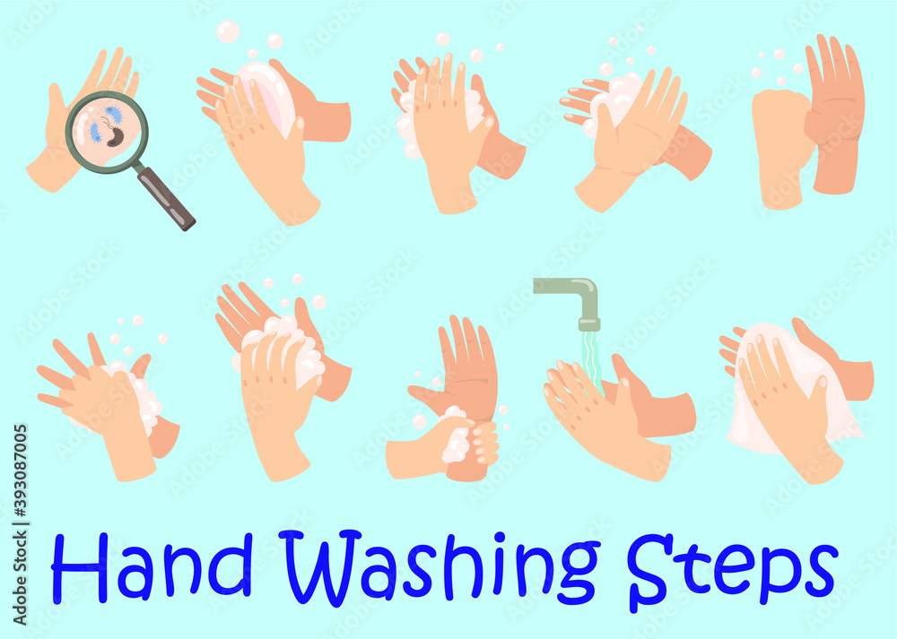 hand hygiene guide set steps arm washing process wrists with soap foam tap with flowing water drying with towel. set of hands vector hand hygiene guide set steps arm washing process wrists with soap foam tap with flowing water drying with towel. set of hands vector