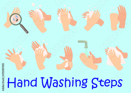 hand hygiene guide set steps arm washing process wrists with soap foam tap with flowing water drying with towel. set of hands vector