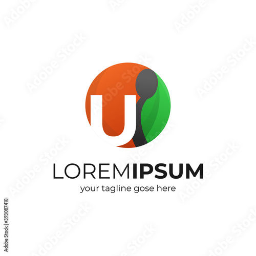 creative letter U as restaurant or food logo with spoon and leaf vector
