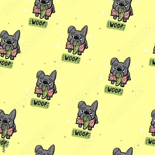 Vector seamless pattern with puppy with the inscription woof on a yellow background. Doodle concept for pajamas, children's home clothes