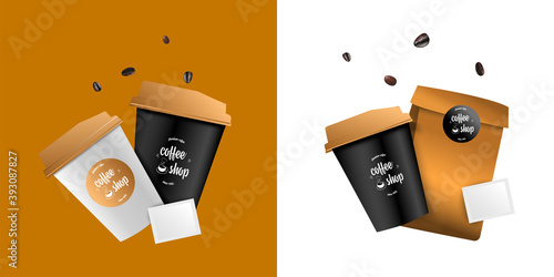 Beverage package mockup design concept for branding. Black and white coffee disposable cups in the air, package, sugar, coffee bean. Modern vector illustration 