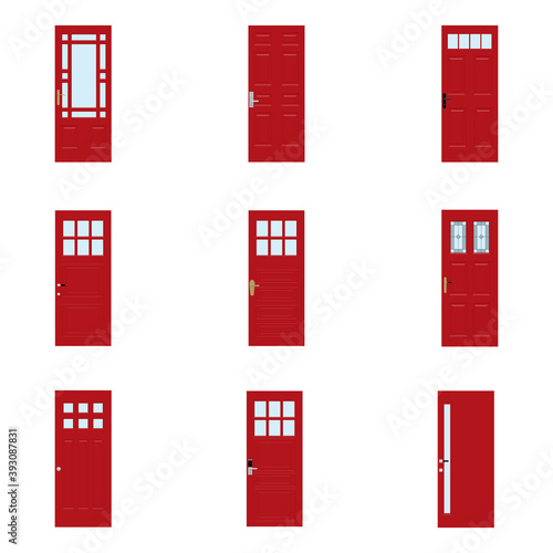 Front doors to houses and buildings set in flat design style isolated, vector illustration.