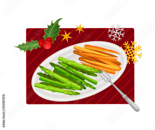 Asparagus and Carrot on Plate as Traditional Christmas Dinner Above View Vector Illustration