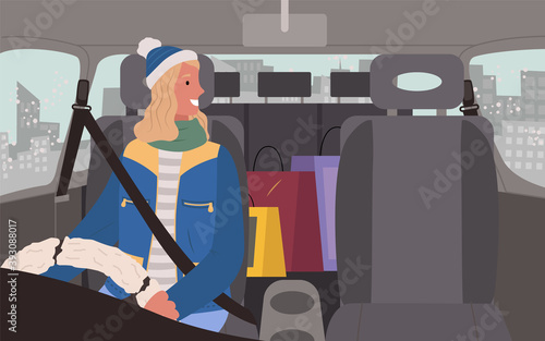 Woman driving car admiring beauty of winter city. Female character going home with bags and presents at backseat bought from shops and stores for christmas holidays. Driver wearing warm clothes vector