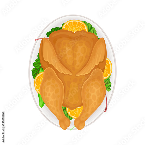 Whole Roasted Chicken or Turkey Served on Plate with Orange Slices Vector Illustration