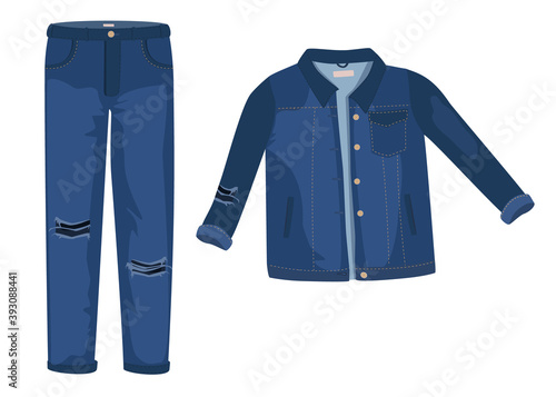 Jeans clothing. Trendy fashion ripped denim casual clothes vector illustration, jeans outfit garments models