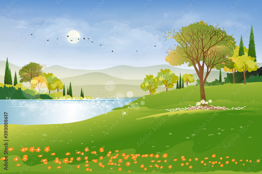 Naklejka premium Panoramic of spring village with lake view and mountains with blue sky,Vector cartoon Spring landscape, Panorama countryside in the morning in summer with bright light from sun and reflection on water