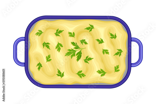 Baked Spiced Pudding in Casserole Dish Vector Illustration