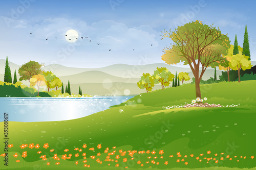 Panoramic of spring village with lake view and mountains with blue sky,Vector cartoon Spring landscape, Panorama countryside in the morning in summer with bright light from sun and reflection on water