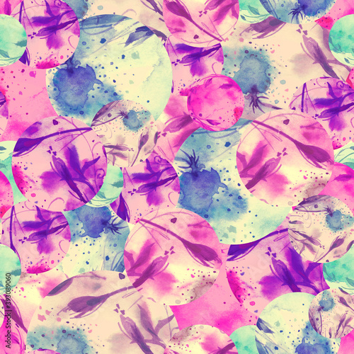 Creative seamless watercolor pattern of plants, Herbs, flowers, poppy, rose, peony. red, pink, burgundy, white flowers watercolor, stylish pattern. Abstract paint splash. Watercolor background,splash