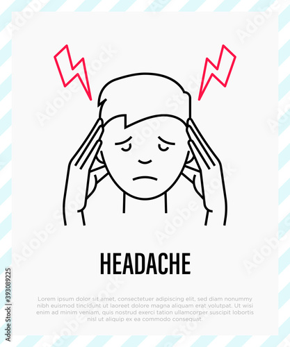 Headache, migraine, reduce stress: man touching temples. Thin line icon. Vector illustration.