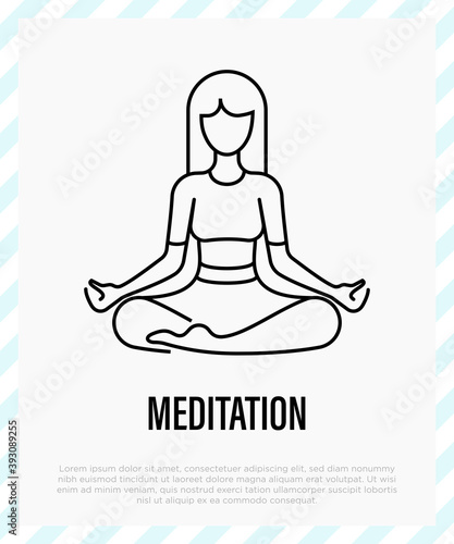 Meditation symbol, inner balance, yoga school. Young girl in lotus pose. Thin line icon. Gyan mudra, yoga hand gesture. Vector illustration.