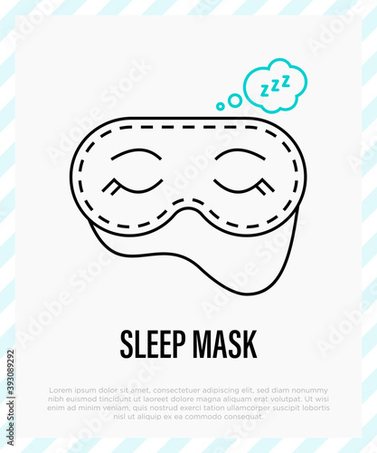 Sleep mask with closed eyes. Accessory for rest, travel, for prevention insomnia. Thin line icon. Vector illustration.