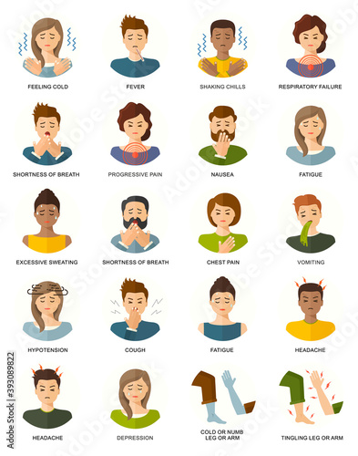 Disease symptoms, illness flat style medical icons. Chest pain, coronavirus, cough, covid-19, dizziness, excessive sweating, fatigue, fever, coronavirus, headache, pneumonia, nausea, vomiting.