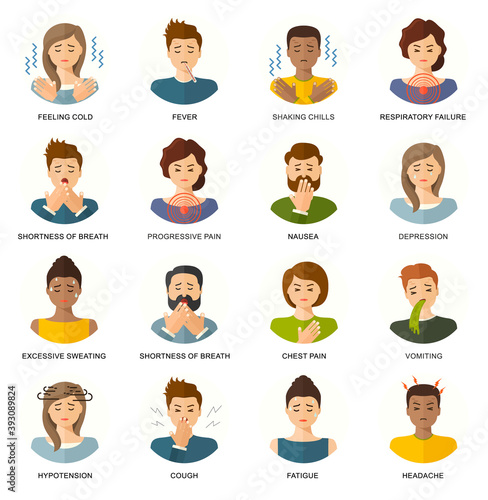 Disease symptoms, illness flat style medical icons. Chest pain, coronavirus, cough, covid-19, dizziness, excessive sweating, fatigue, fever, coronavirus, headache, pneumonia, nausea, vomiting.