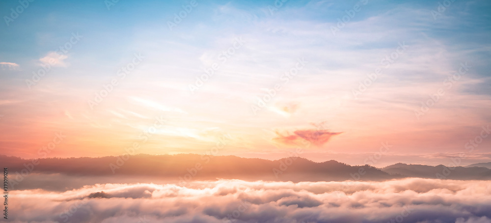 Celestial mountain landscape and dramatic sky sunrise background. Ai Yerweng, Bethong, Yala, Thailand, Asia