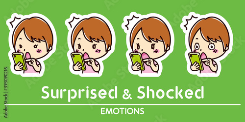 スマホと女性の表情セット / 驚く / ショック