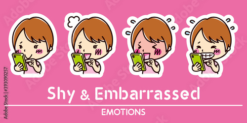 スマホと女性の表情セット / 照れる / 恥ずかしい