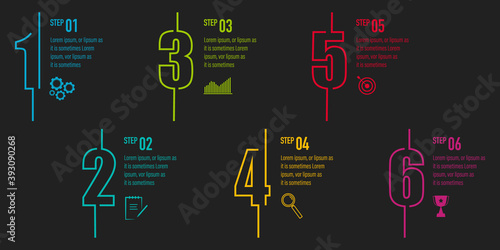 Infographics design vector and business icons with 6 options in neon outline number design for presentation and web site