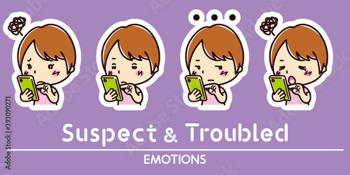 スマホと女性の表情セット / 疑う / 困る