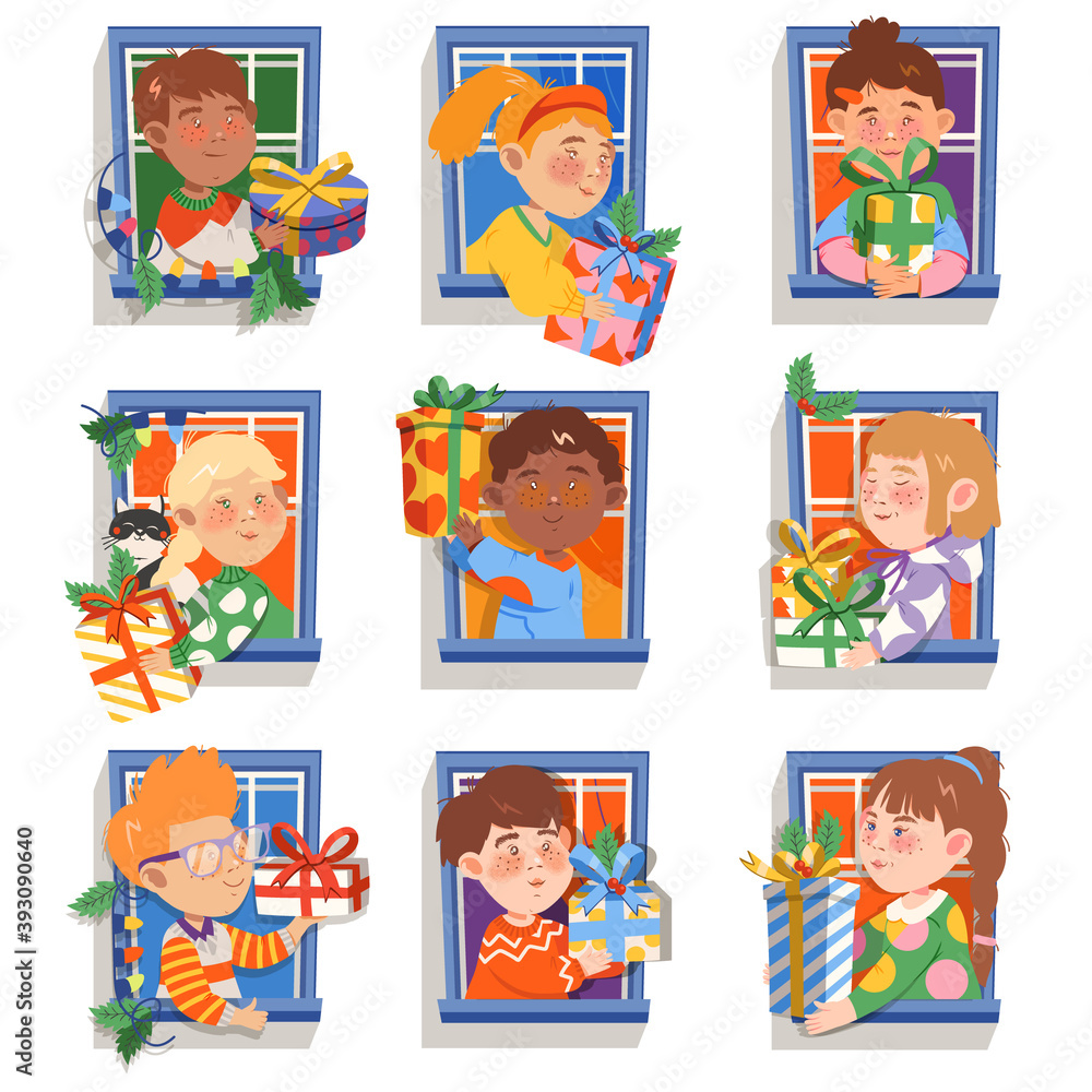 Happy Kids in the Window Giving Wrapped Gift Box Vector Set Happy Kids in the Window Giving Wrapped Gift Box Vector Set