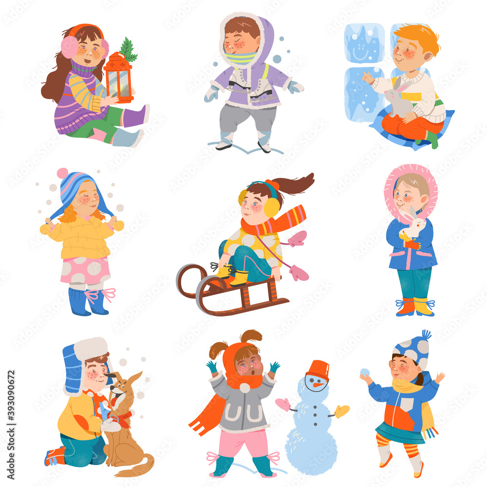Excited Children Sledging, Building Snowman and Playing Snowballs Vector Set Excited Children Sledging, Building Snowman and Playing Snowballs Vector Set