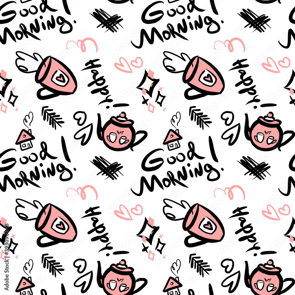 Obraz premium Hand-drawn Good Morning seamless pattern in pink and black colors on white background. There are cute stylized cartoon teapots, cups with hearts and sparkles with confetti
