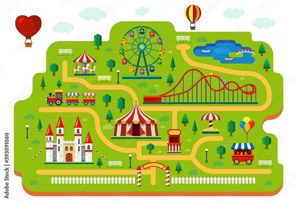 Amusement park map, funfair carnival rides plan