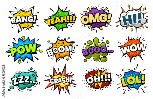 Sound blasts, comic pop art speech bubbles cartoon