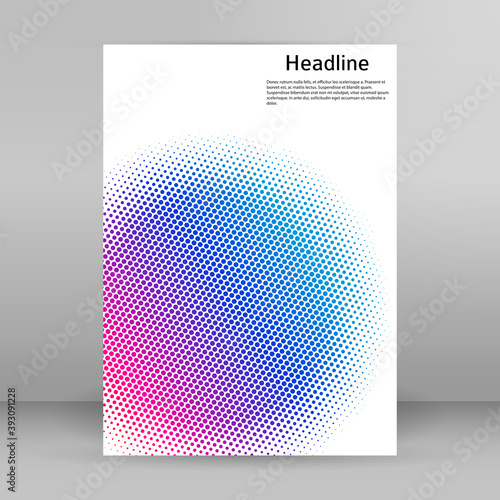 Abstract background advertising brochure design elements halftone circle. Glowing light effect dots graphic form for elegant flyer