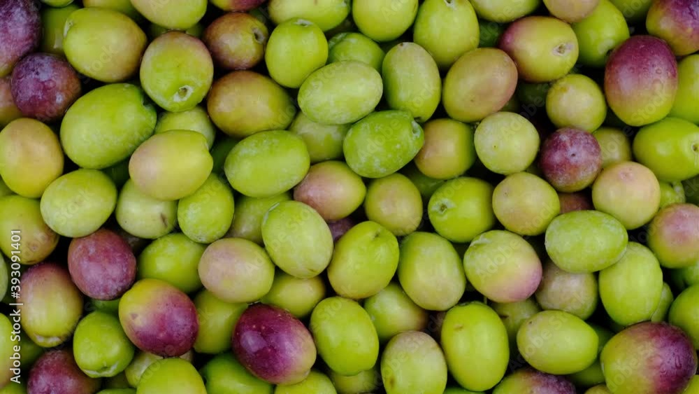 Olives. Pile of green olives rotating top view. Olives. Pile of green olives rotating top view.