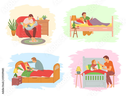 Father caring for newborn baby feeding it vector, man and sick kid laying in bed, daddy reading bedtime stories, nutrition of offspring parenting, concept for Father day