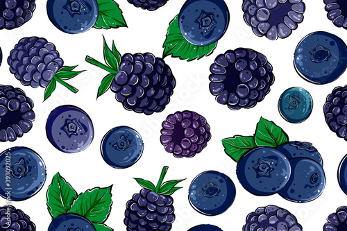 Blackberry and blueberry seamless pattern, color, vector