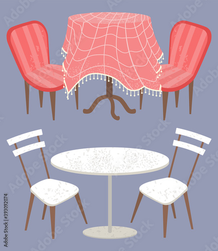 Vintage decoration of table with tablecloth vector, isolated set of desks, modern and retro flat style. Armchair with soft fabric seat, plastic material of furniture