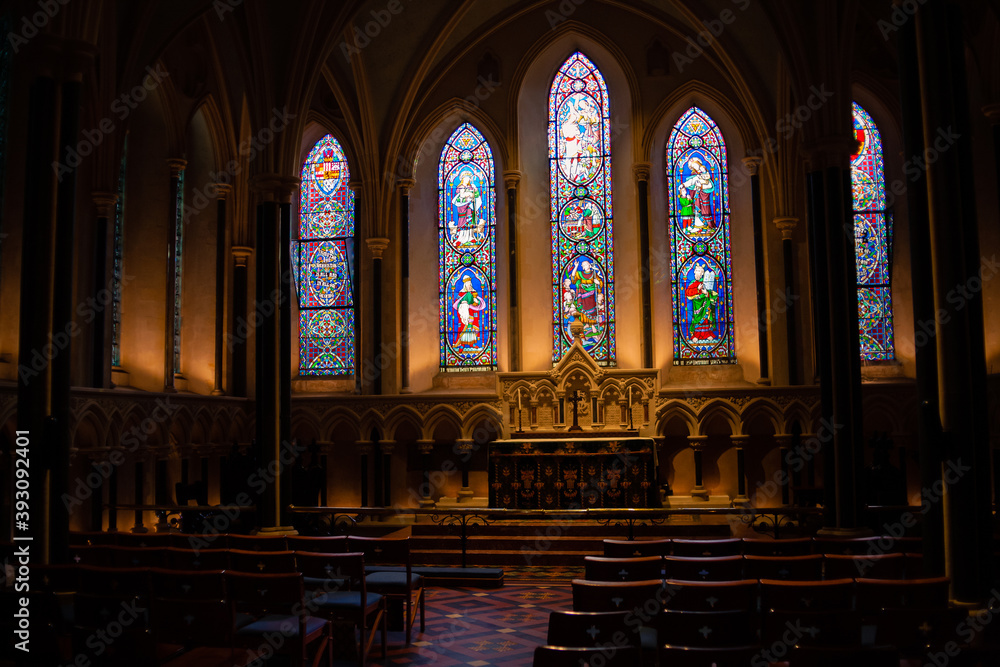 Fototapeta premium Dublin, Ireland - September 10, 2019: Interior of St. Patrick's Cathedral at low light