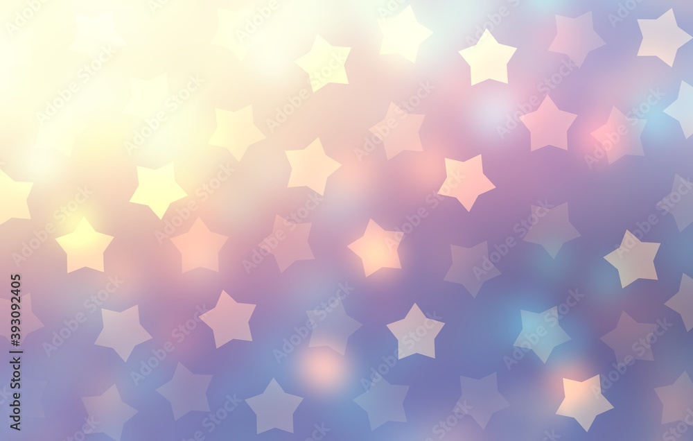 Fantasy holidays bokeh stars pattern on lilac sparkling blurred background. Pink blue yellow gradient soft texture.