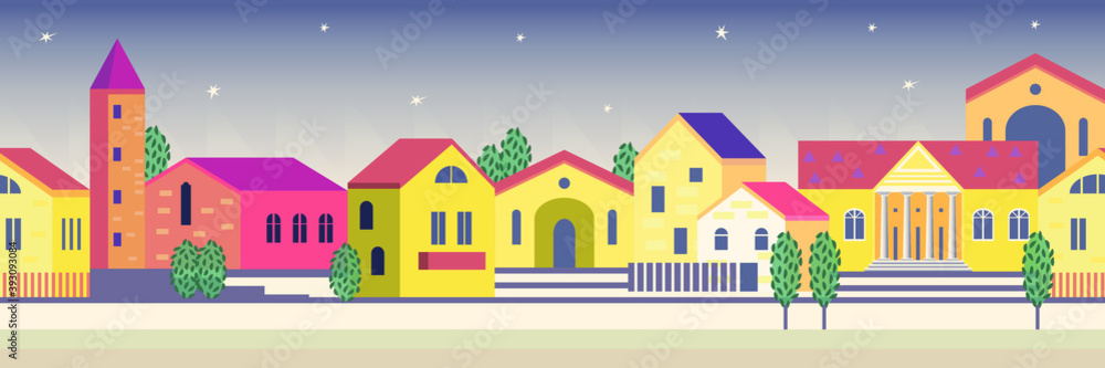Seamless ribbon border with stylized cityscape. Vector architectural illustration.