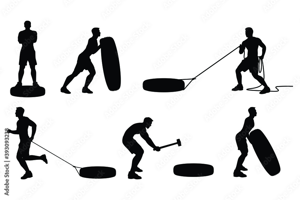 Fototapeta premium Set of healthy men with car wheel for exercise silhouette vector
