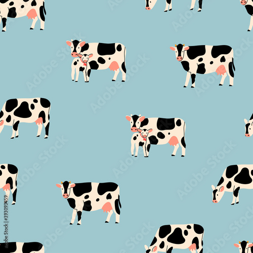 Cows and Calf standing and looking. Cute animals. Hand drawn trendy Vector illustration. Funny characters. Cartoon style. Flat design. Colorful square Seamless Pattern. Background, Wallpaper