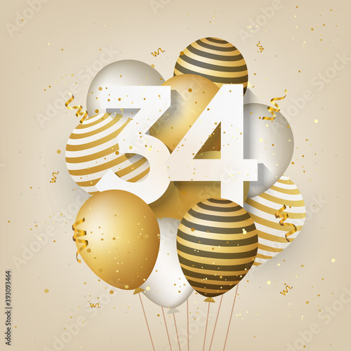 Happy 34th birthday with gold balloons greeting card background. 34 years anniversary. 34th celebrating with confetti. Vector stock