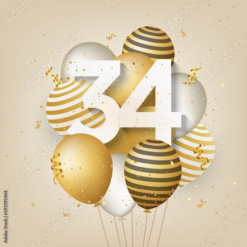 Happy 34th birthday with gold balloons greeting card background. 34 years anniversary. 34th celebrating with confetti. Vector stock photo